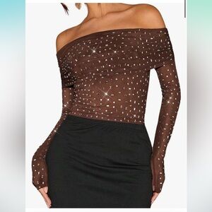 NWT Brown Off-Shoulder Top with Rhinestones